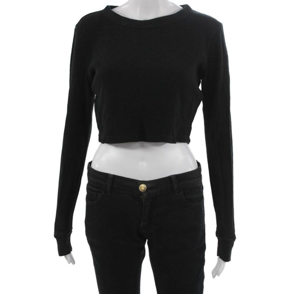 Mate Womens Cropped T-Shirt Black Round Neck Long Sleeve Organic Cotton Size S